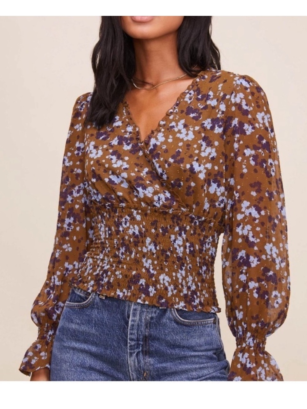 Astr Floral V-Neck Smocked Waist Blouse